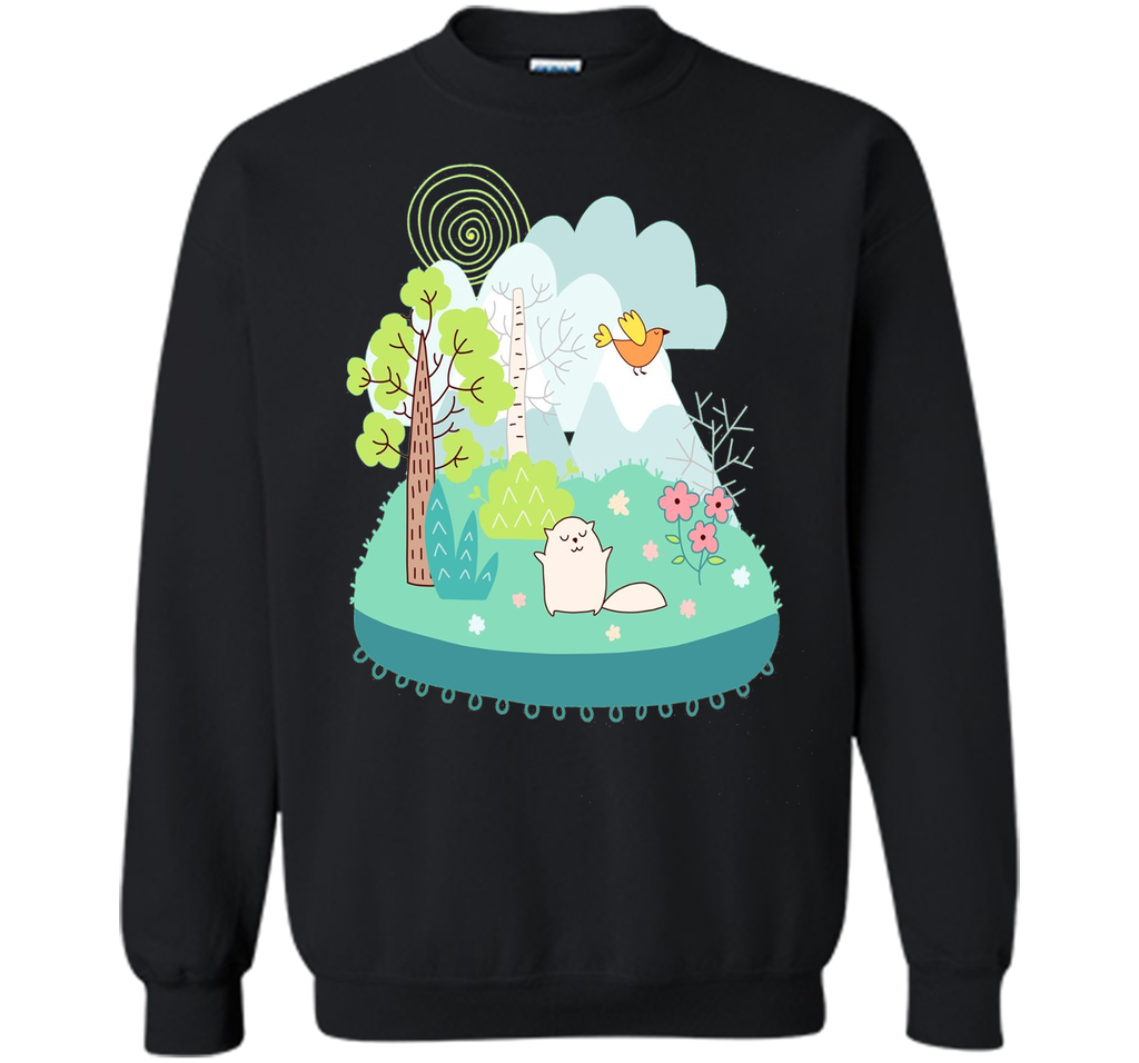 Spring Scene Cute Cat Bird and Flowers T Shirt