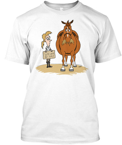 Funny Fat Cartoon Horse Woman Will Work For Hay