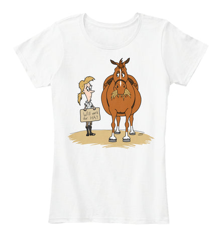 Funny Fat Cartoon Horse Woman Will Work For Hay