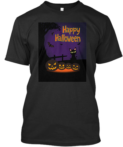 HALLOWEEN BLACK BATS CAT PUMPKIN T-SHIRT