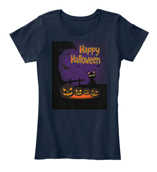 HALLOWEEN BLACK BATS CAT PUMPKIN T-SHIRT