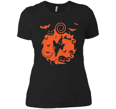 Abstract Halloween Pumpkins Bats Ghost Scene Tee Shirt Next Level Ladies Boyfriend Tee