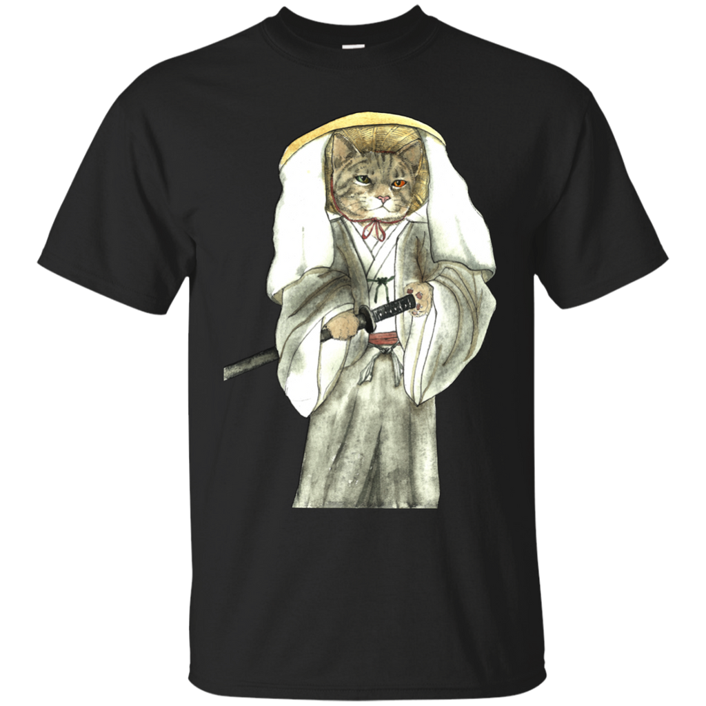japanese samurai cat with one green eye and one yellow eye t- T-Shirt