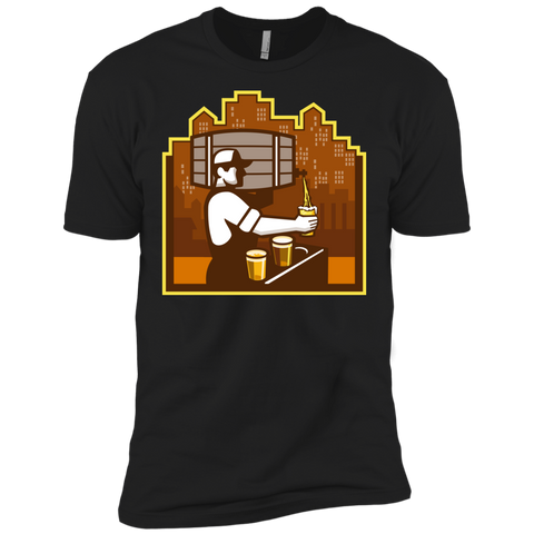 bartender pouring beer keg cityscape retro T-Shirt