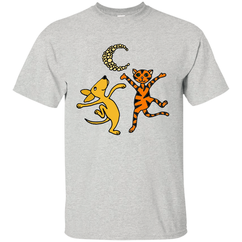 funny dog and orange tabby cat dancing in the moonlight T-Shirt
