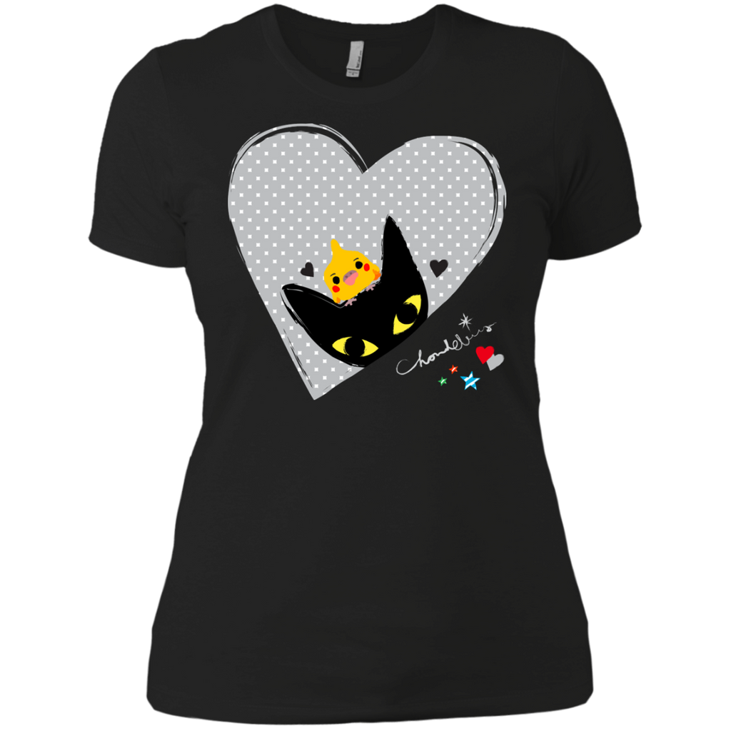 black cat,cockatiel,hearts  t- T-Shirt