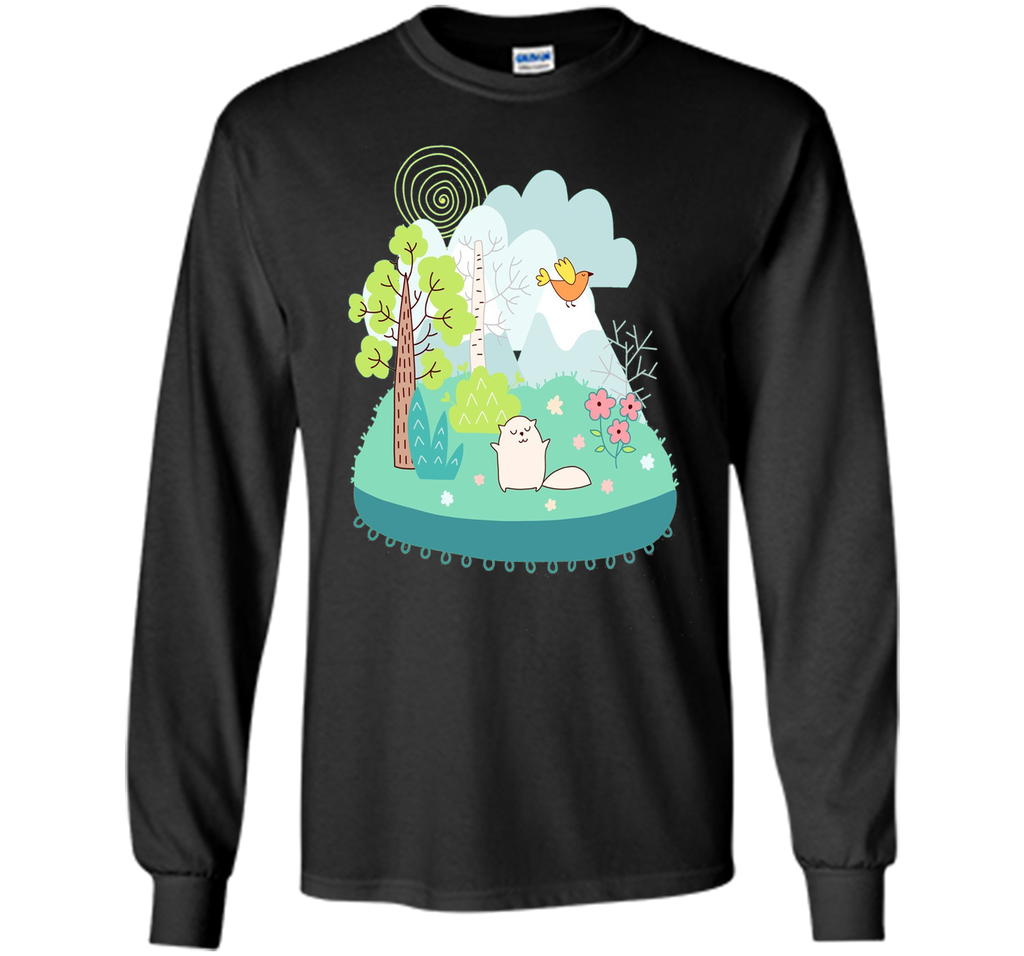 Spring Scene Cute Cat Bird and Flowers T Shirt