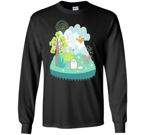 Spring Scene Cute Cat Bird and Flowers T Shirt