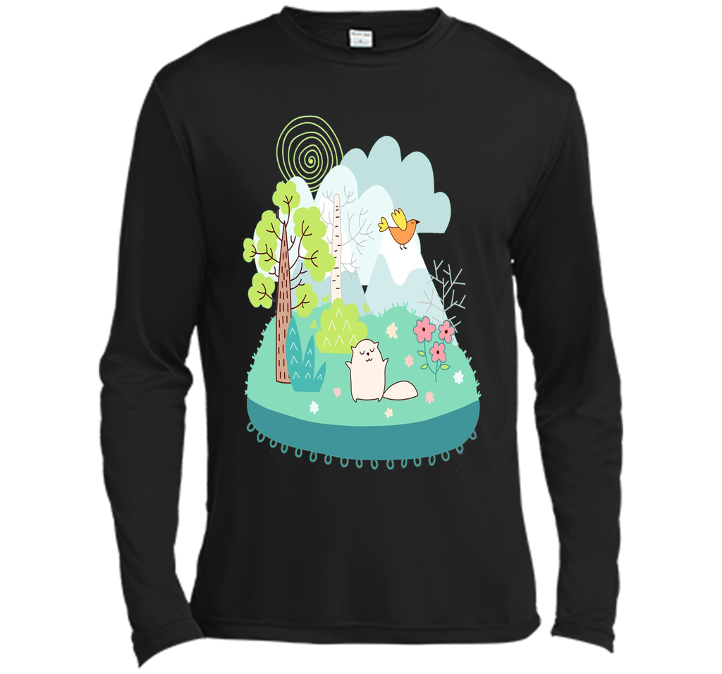 Spring Scene Cute Cat Bird and Flowers T Shirt