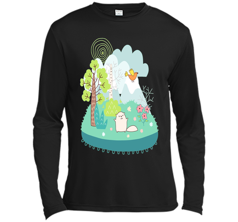 Spring Scene Cute Cat Bird and Flowers T Shirt