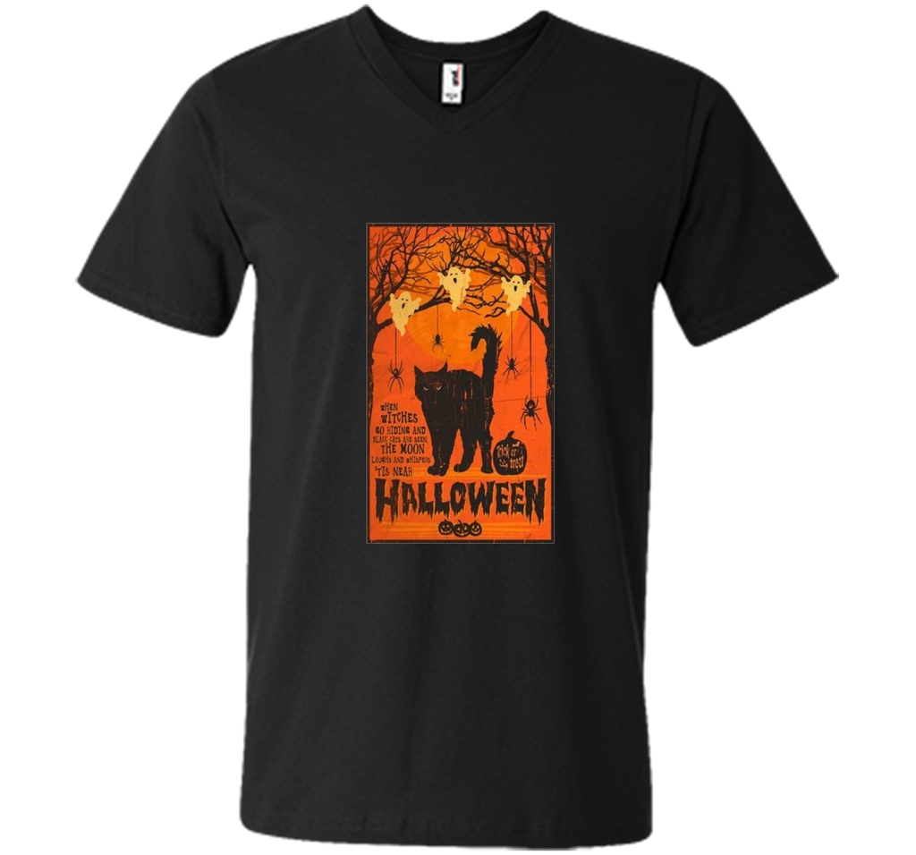 Vintage Style Black Cat, Ghost, Spiders Halloween T- Shirt Mens Printed V-Neck T