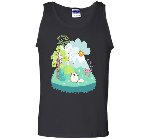 Spring Scene Cute Cat Bird and Flowers T Shirt