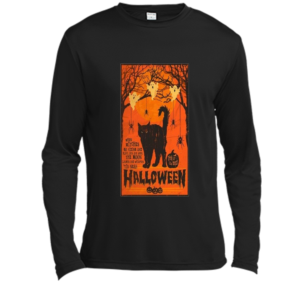 Vintage Style Black Cat, Ghost, Spiders Halloween T- Shirt Long Sleeve Moisture Absorbing Shirt
