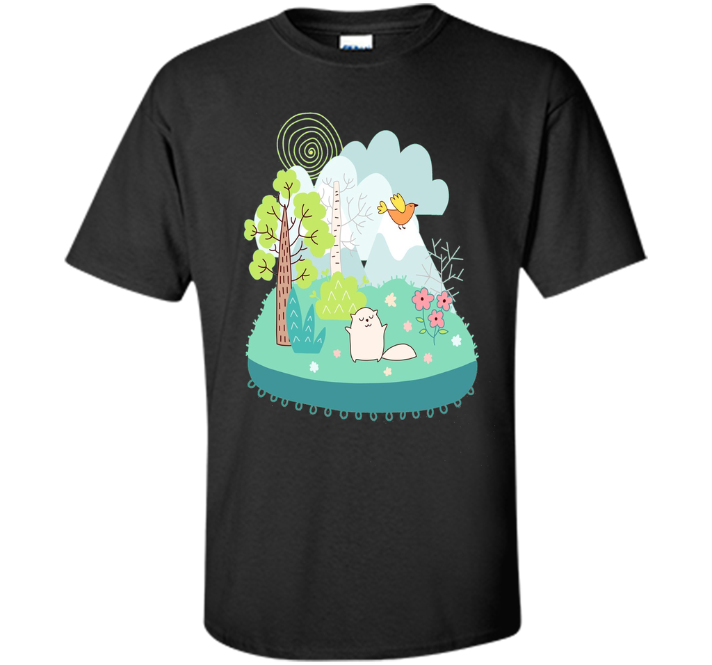 Spring Scene Cute Cat Bird and Flowers T Shirt