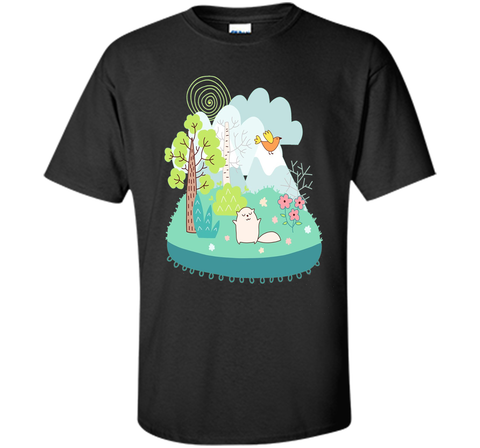 Spring Scene Cute Cat Bird and Flowers T Shirt