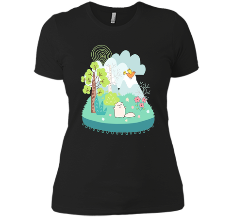 Spring Scene Cute Cat Bird and Flowers T Shirt