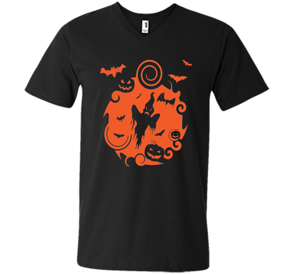 Abstract Halloween Pumpkins Bats Ghost Scene Tee Shirt Mens Printed V-Neck T