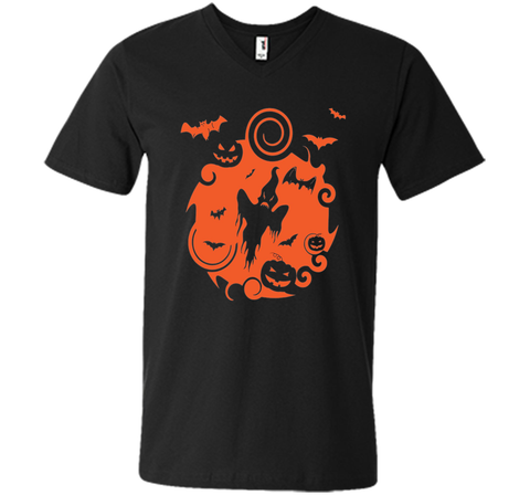 Abstract Halloween Pumpkins Bats Ghost Scene Tee Shirt Mens Printed V-Neck T