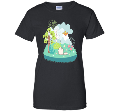 Spring Scene Cute Cat Bird and Flowers T Shirt