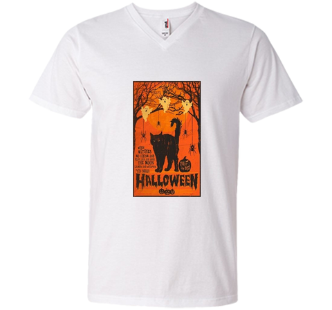 Vintage Style Black Cat, Ghost, Spiders Halloween T- Shirt Mens Printed V-Neck T